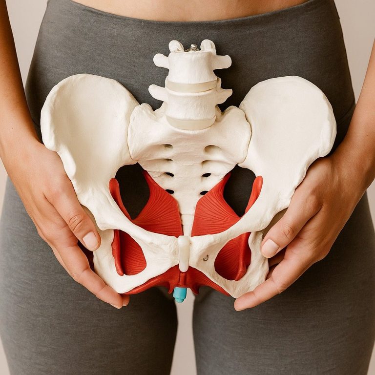 Picture of an individual holding a pelvis Model holding a pelvic anatomical model highlighting the pelvic floor muscles.