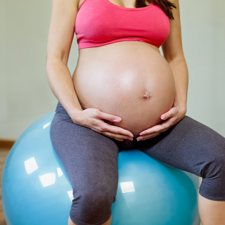 Picture of an pregnant individual sat on a gym ball Pregnant woman sitting on a blue exercise ball, hands on her belly.