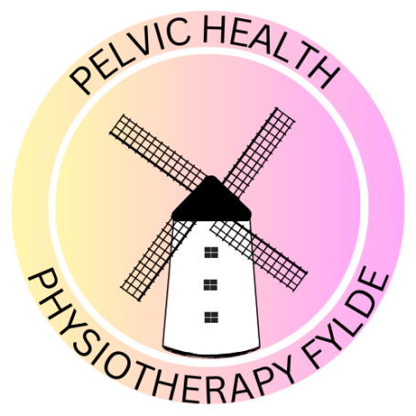 Circular logo featuring a windmill with the text "Pelvic Health Physiotherapy Fylde."